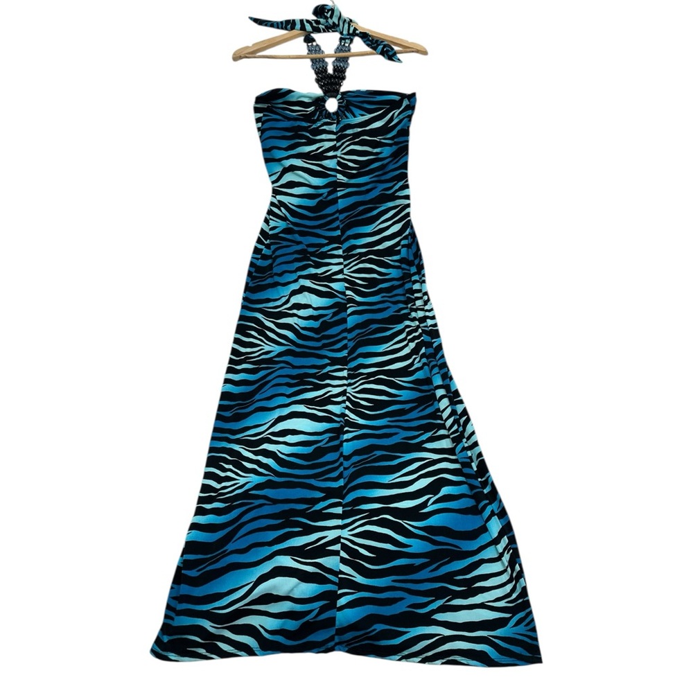 Fresh of LA Blue Zebra Pattern Halter Maxi Dress Beaded Straps - Picture 7 of 9